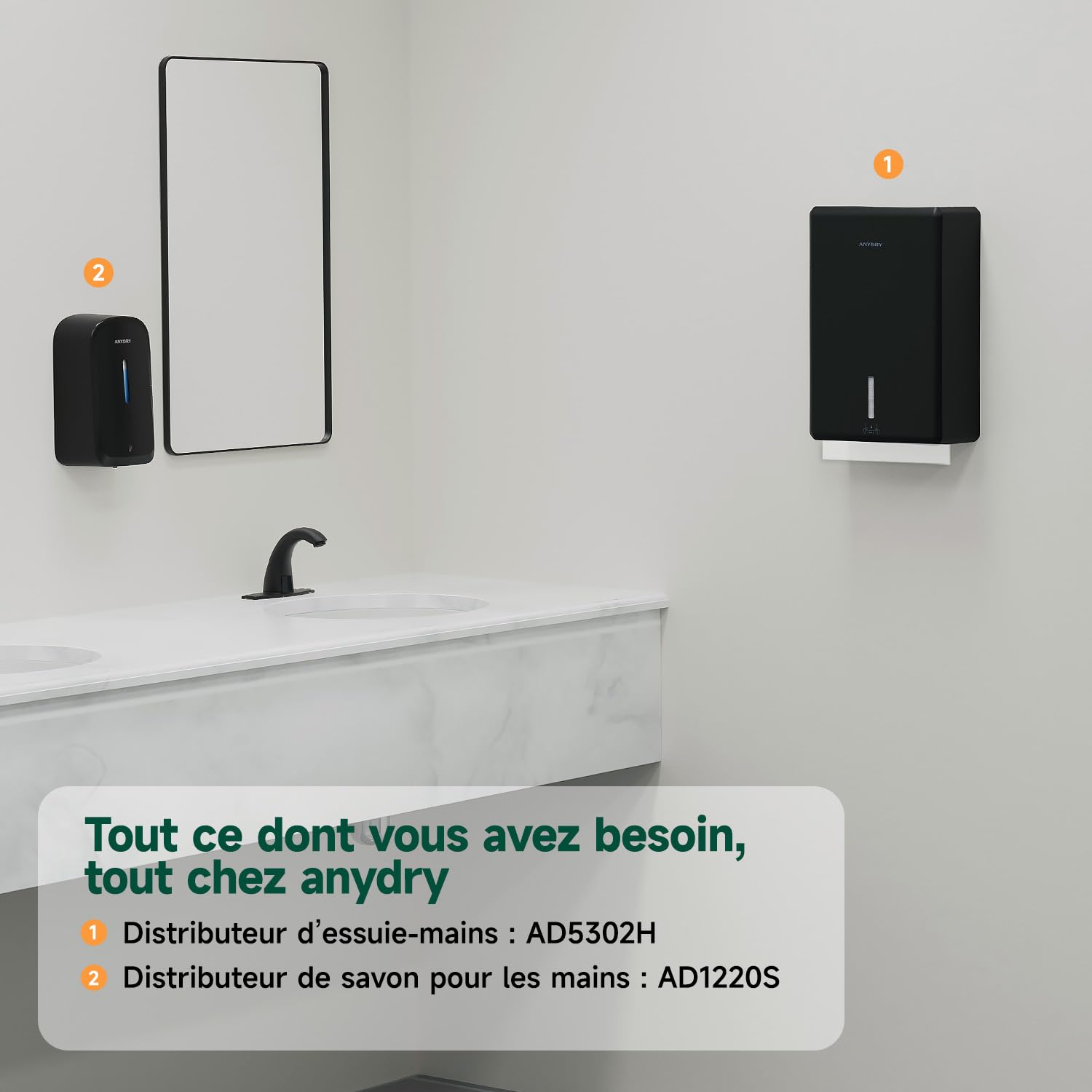 anydry Distributeur d'Essuie-Mains Mural, Pliage H3/V/ZZ, Taille Pliée Max 25,2 x 11,5 cm, Modèle 5302H, Noir