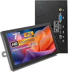 Mini monitor HDMI de 7 polegadas, monitor VGA portátil com tela LCD AV BNC 1024 × 600 com alto-falantes embutidos, tela pequena multifuncional IPS para PC/TV/DVD/CVBS Raspberry Pi