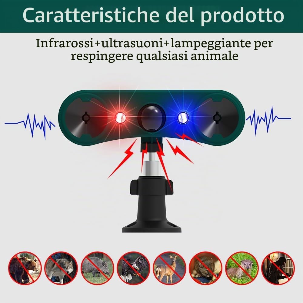2 PEZZI Solare allarme sensore di movimento da esterno, 2 * 130dB | Dispositivo deterrente a ultrasuoni,IP65, 4 modalità, rosso e blu movimento trigger luce stroboscopica, Per il giardino