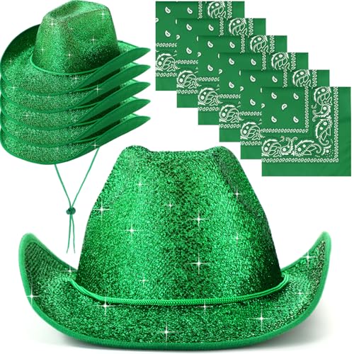 Image of Coume 12 Pcs Sparkly Adults Cowboy Hat and Bandanas Women Men Western Glitter Cowgirl Party Hats with Adjustable Drawstring