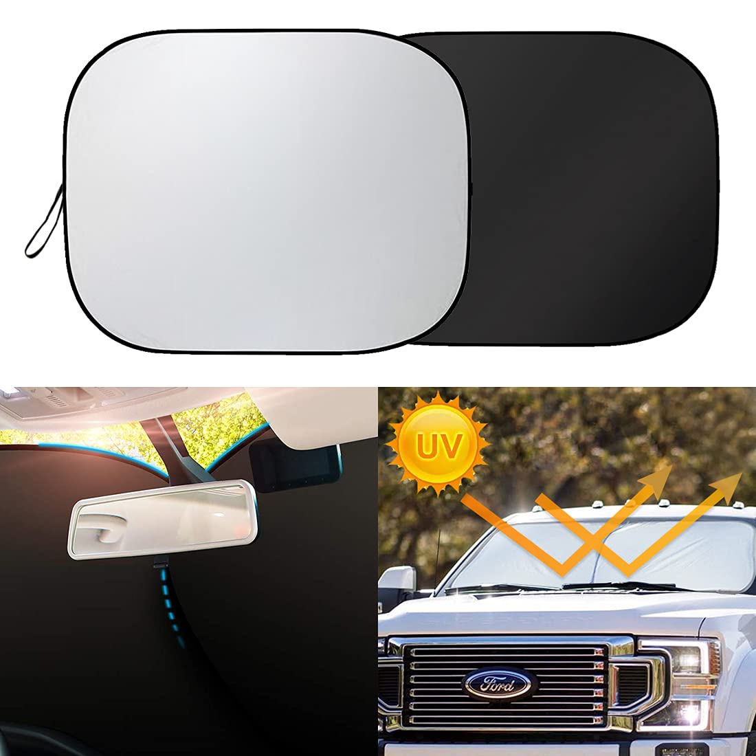 Photo 1 of GZSH Truck Windshield Sun Shade 2 Piece Front Window Sun Blocker Shade for Car SUV Truck RV Sedans Sun Visor Screen Shade Automotive Accessories, Large
