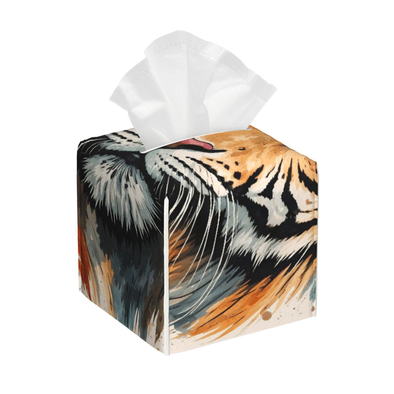 Year of The Tiger Tiger Face Leather Tissue Box Cover Holder Square Facial Paper Organizer 5.2" X 5.2" X 5.2"