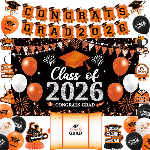 Image of Vlipoeasn Orange 2026 Graduation Party Decorations Black Orange 2026 College /High School Graduation Decorations Party Supplies, Orange Class of 2026 Congrats Grad Backdrop Banner Signature Book