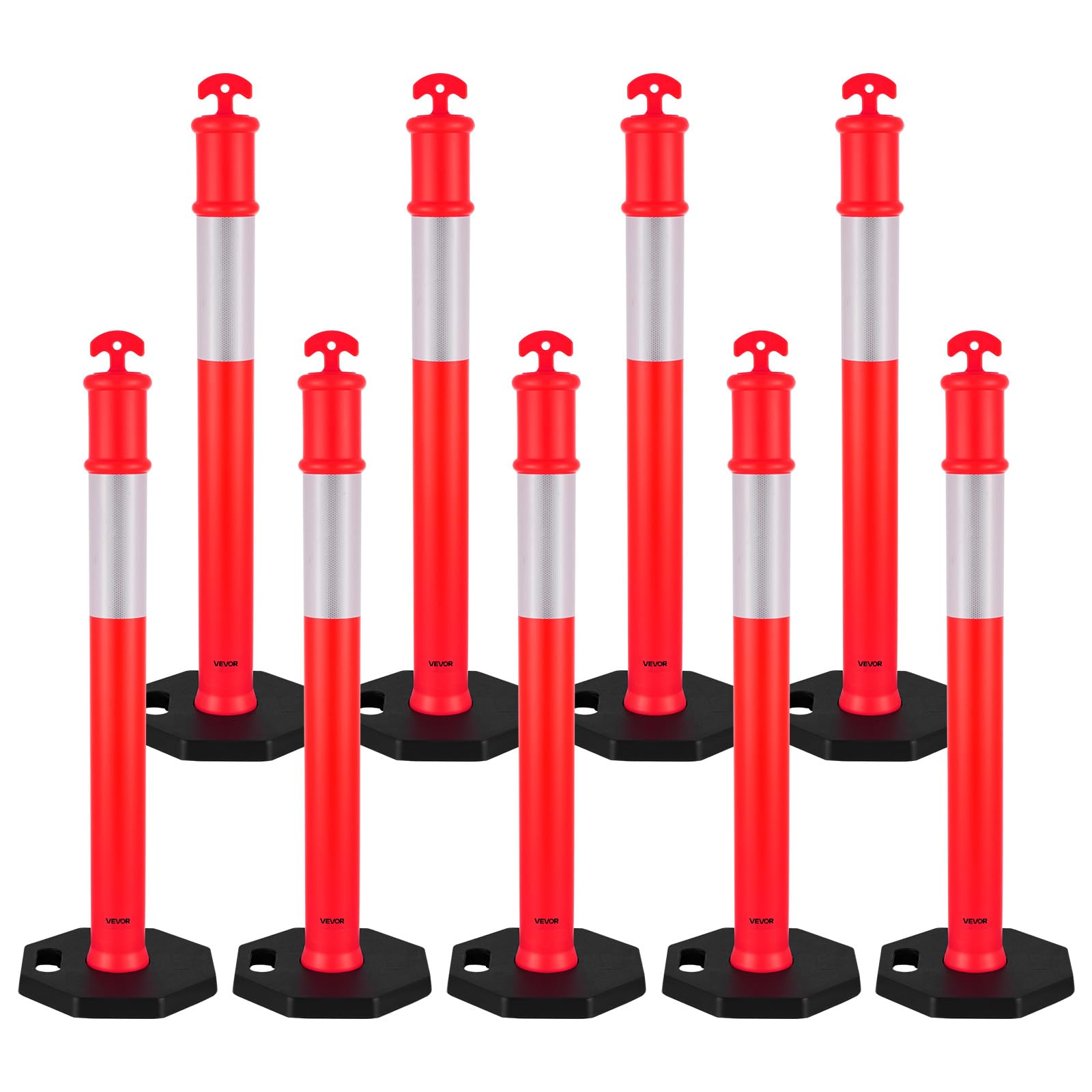 VEVOR 9 Pack Traffic Delineator Posts, 1140 mm Traffic Safety Cones with Weighted Base and Reflective Strips, Heavy Duty Delineator Posts for Construction Site, Parking Lot, Crowd Control, Red