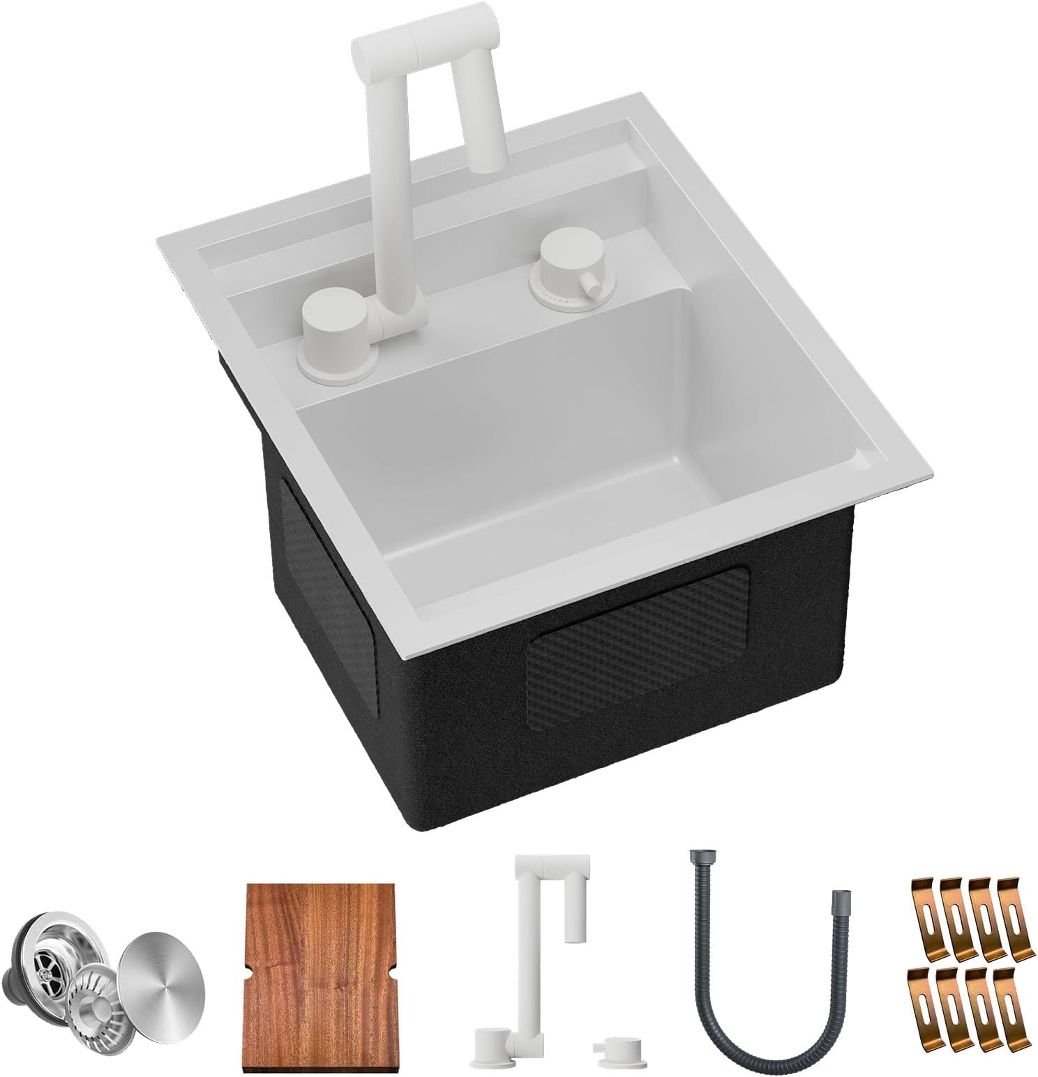 TORVA RV Kitchen Sink, 13 x 15 x 9 Inch Undermount Bar Sink 16 Gauge Stainless Steel Single Bowl Sink with Foldable Faucet Cutting Board, White