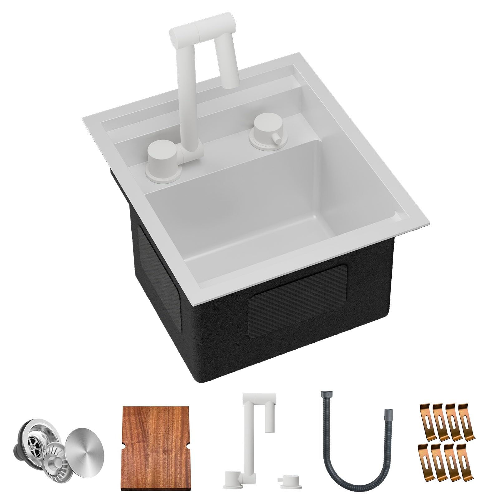 TORVA RV Kitchen Sink, 13 x 15 x 9 Inch Undermount Bar Sink 16 Gauge Stainless Steel Single Bowl Sink with Foldable Faucet Cutting Board, White
