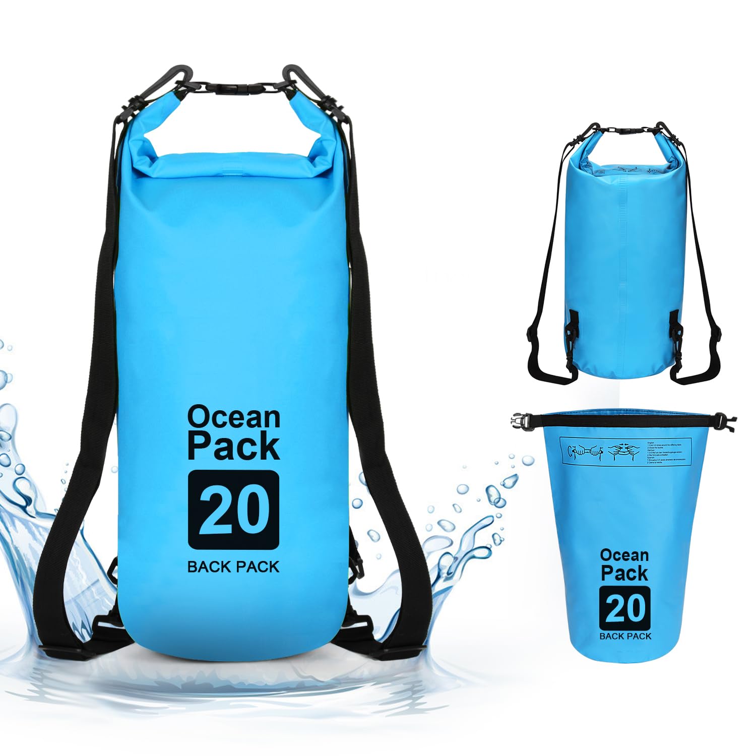 supregear Dry Bag, 20L Borsa Impermeabile, Resistente All'acqua, Zaino Versatile con Doppia Tracolla per Barche, Escursioni, Kayak, Pesca, Campeggio e Altre Avventure All'aperto, Blu