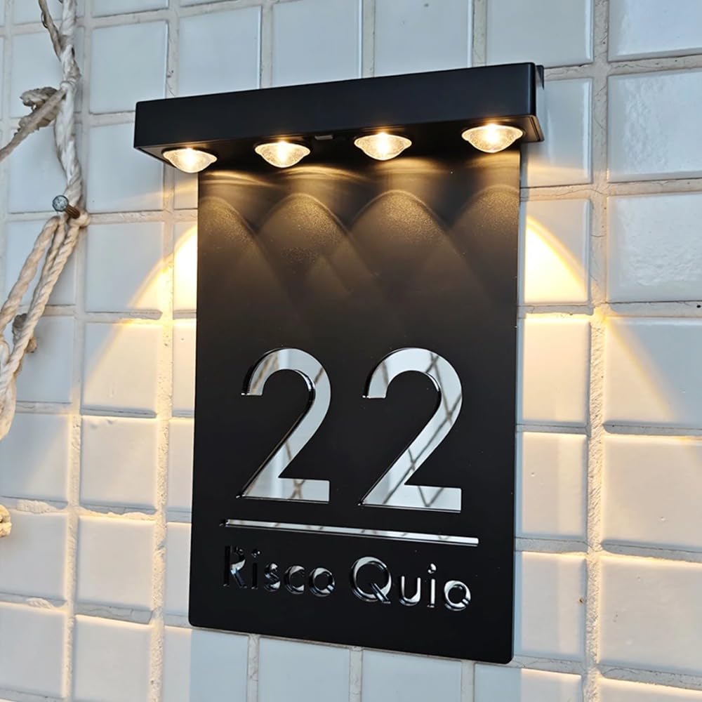 Personalisiertes Solar-Hausnummernschild, individuelles Solar-Adressschild für Hof, beleuchtetes Adressschild, Outdoor, wasserdicht (22 x 32 cm)