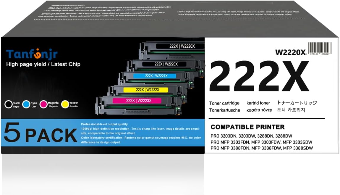 222X High Yield Toner Cartridge 5-Pack with Chip, Compatible Replacement for HP 222X W2220X W2221X W2222X W2223X, Work with LaserJet Pro 3288dw 3288dn MFP 3388sdw 3388fdw 3388fdn Printer