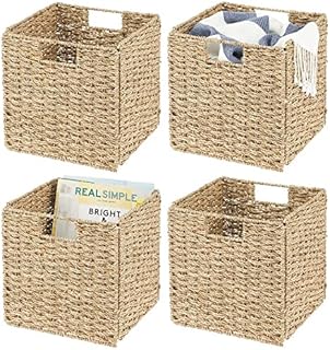 mDesign Set of 4 Storage Basket  Foldable Water Hyacinth Storage Box  Basket Storage Unit Ideal for Storing Clothes, Toys or Magazines  with Wickerwork Pattern  Natural/Tan