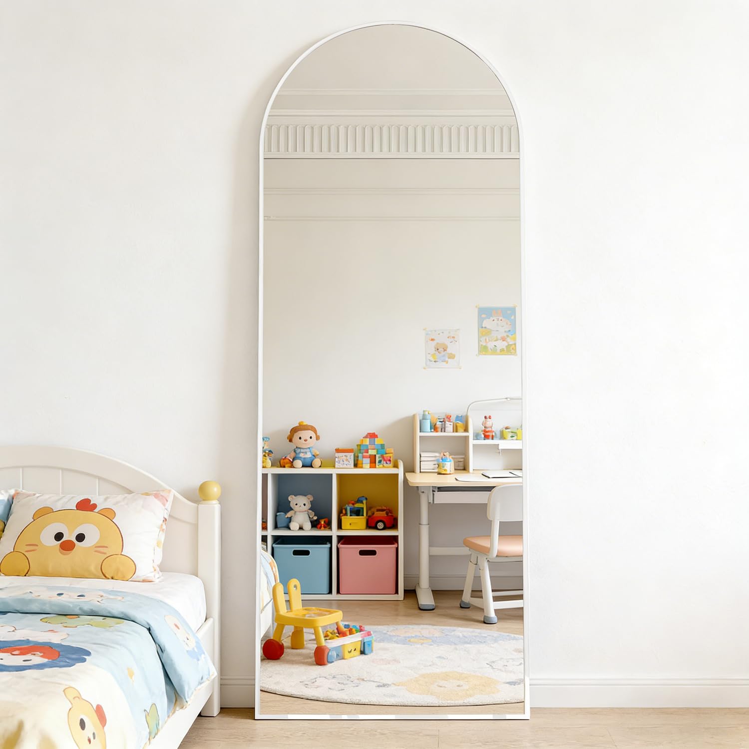 Espejo de piso arqueado de 162 x 53 cm, espejo de pared completo con marco de aluminio, espejos de tocador arqueados colgados o inclinados para el dormitorio de la sala de estar, blanco