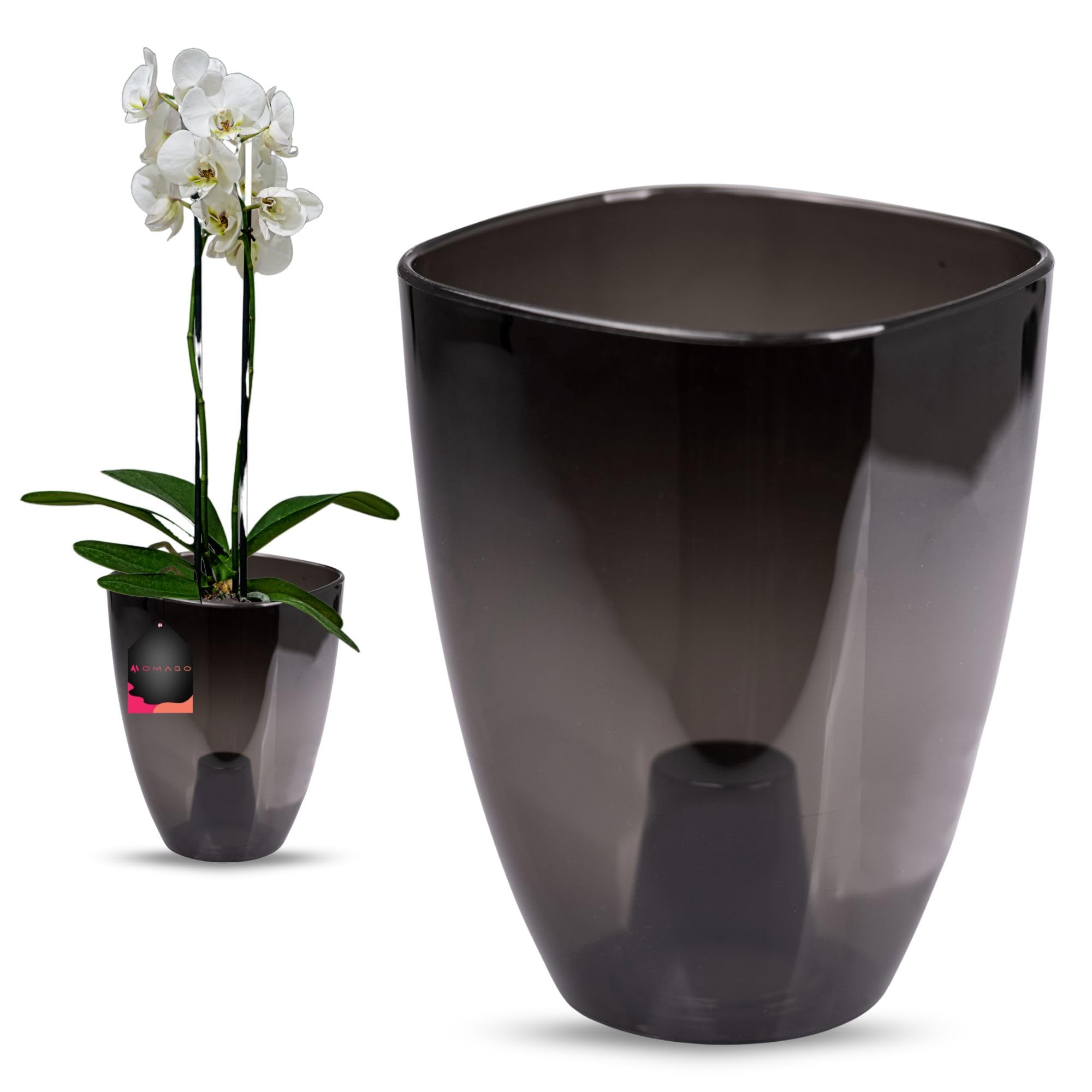 OMAGO® Zestaw 3 półtransparentnych osłonek na storczyka 12 cm, eleganckie grafitowe doniczki do wnętrz, czarne osłony do storczyków i roślin domowych
