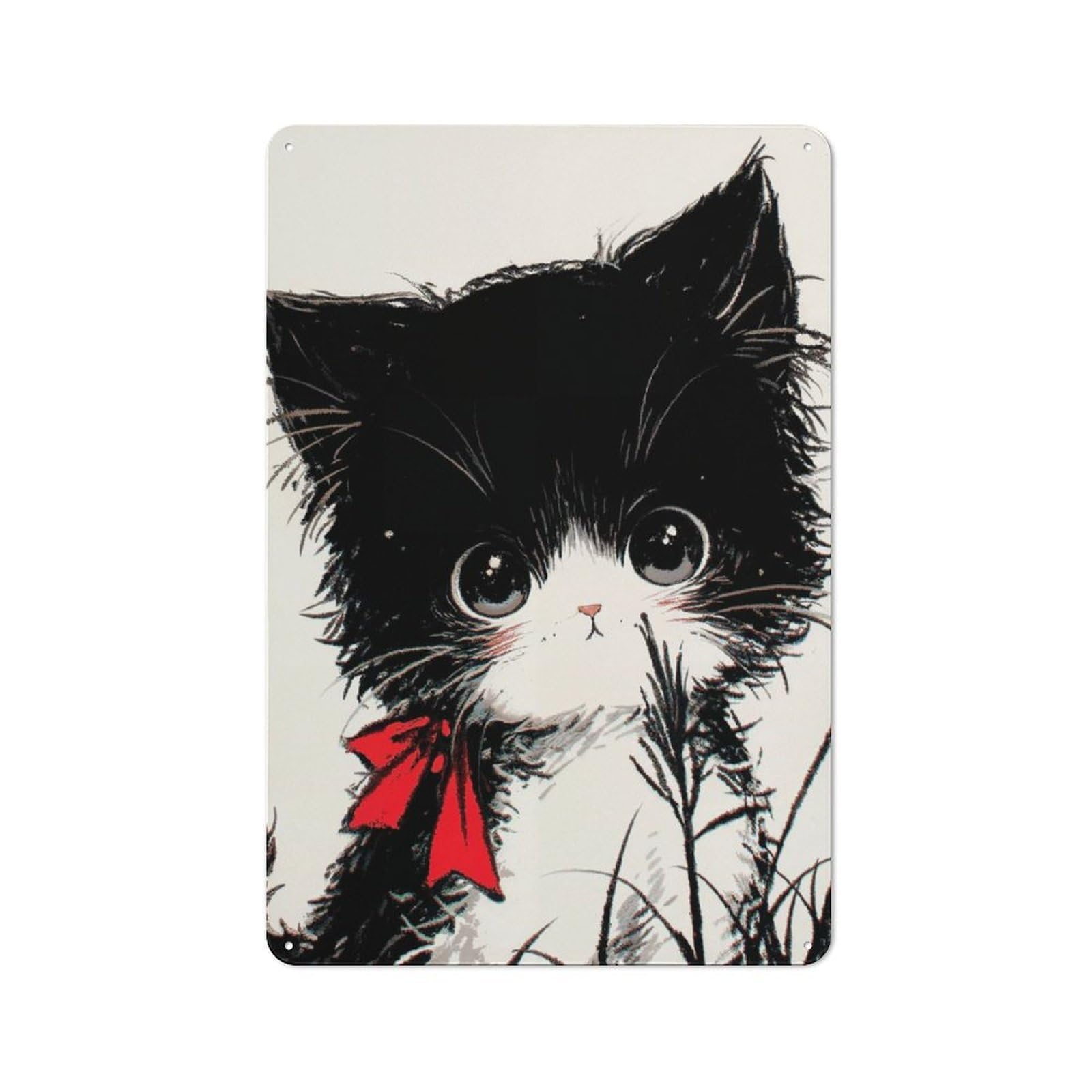 Junmoney Cute Black And White Neko Cat With Red Bow Metal Plaque 30X20cm With For Garage Wall, Retro Decor, Housewarming Present For People Styling Garage