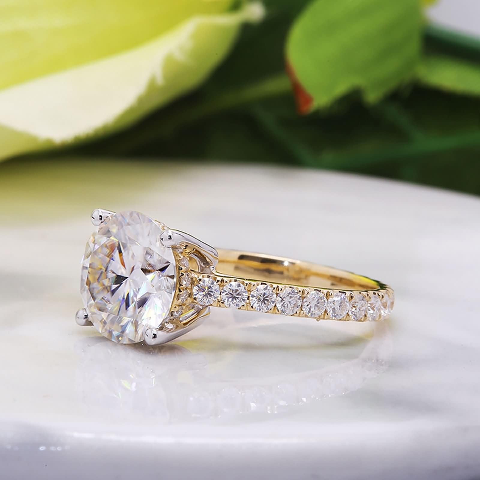 Pierścionek damski z prawdziwego złota, z żółtego złota, pierścionek ślubny, 4 ct, moissanit, okrągły krój, 4 ząbki, 14 K/18 K, dla kobiet
