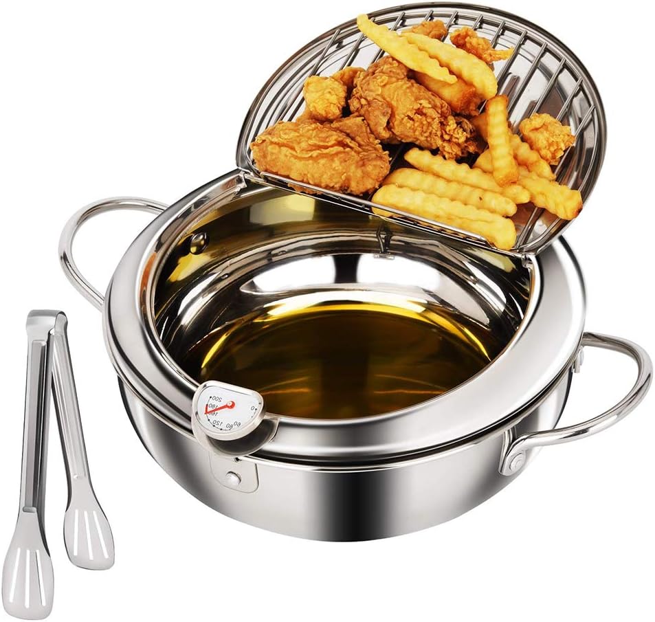 WSHA Japanese Style Tempura Fryer Pot Stainless Steel Deep Oil Fryer with Thermometer and Food Tongs, Diameter 9.5 inch/ 24 cm