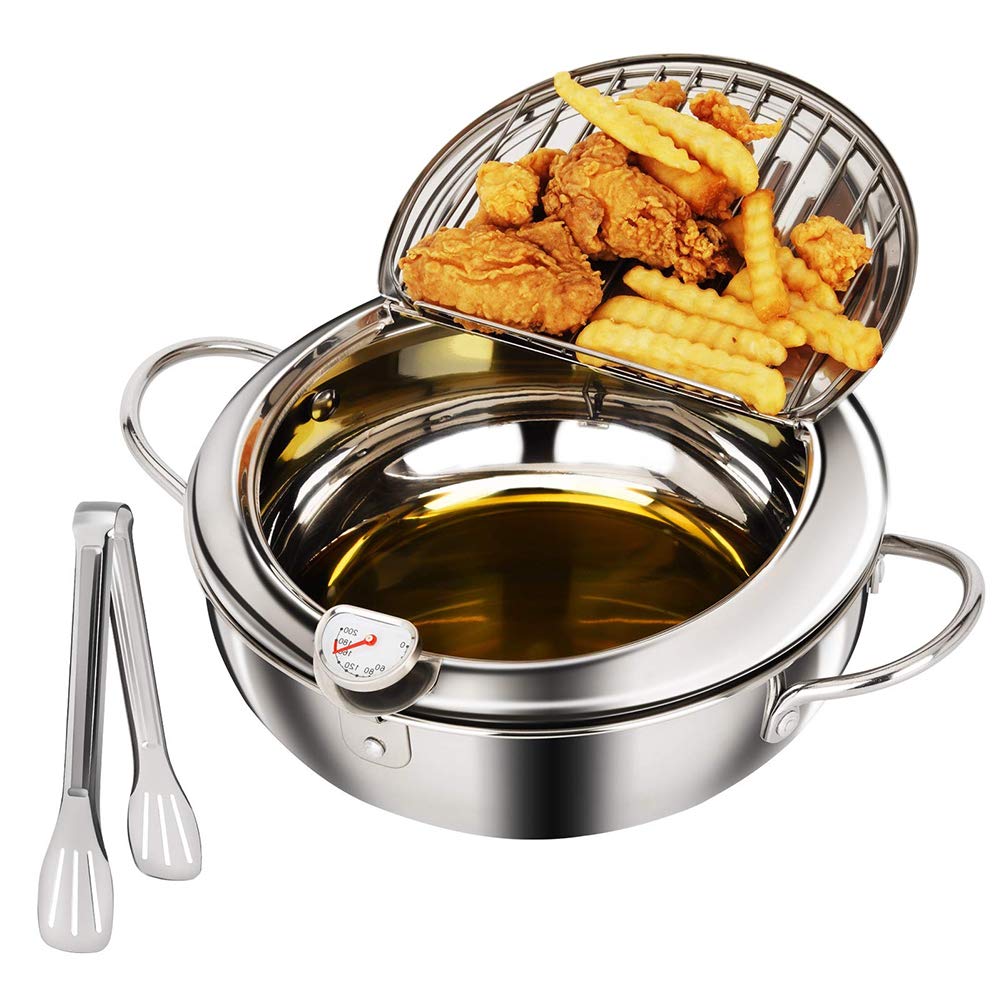 Friteuse à huile profonde avec thermomètre et pinces en acier inoxydable 24 cm