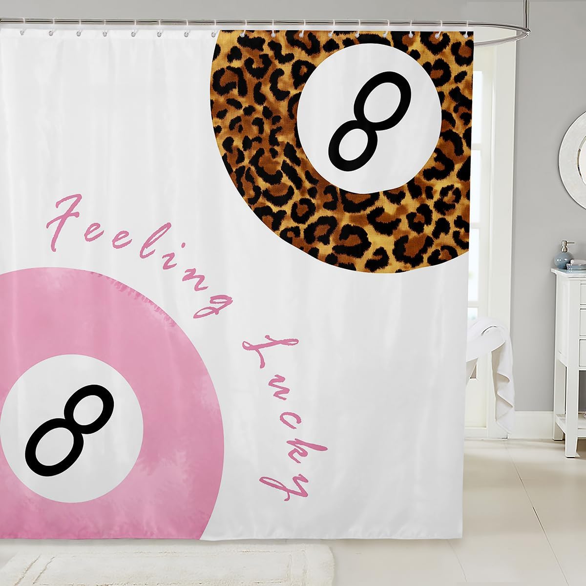 Manfei Fashion Leopard Kids Shower Curtains,Aesthetic Cheetah Modern Art Bathroom Curtain,Trendy Lucky 8 Ball Home Decor,Pink White Brown Waterproof Curtains,12 Hooks Suits,72" W x 84" L
