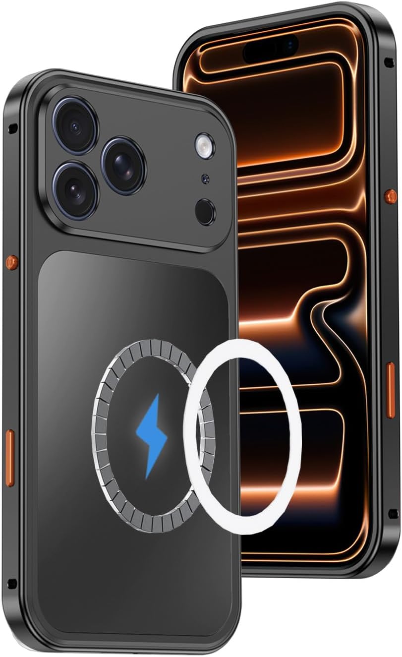 Magnetic for iPhone 16 ケース [MagSafe対応] アルミフレーム・スリムPCバック・オリジナルメタルテクスチャ・軍用規格の耐衝撃ケース, Black