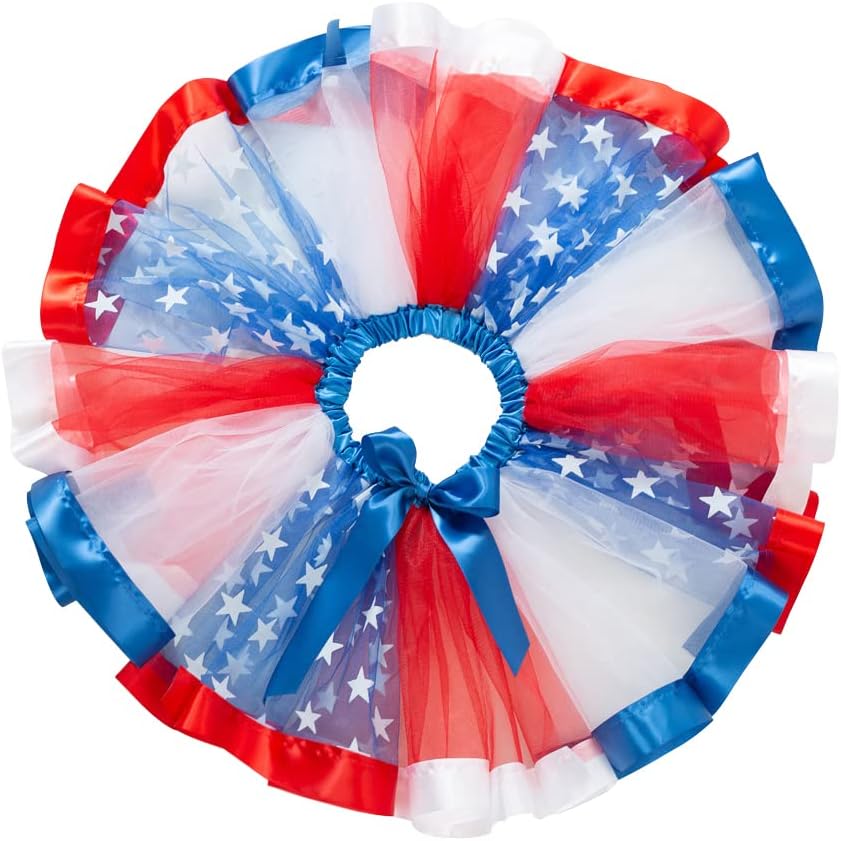 Girls 4th of July American US Flag Tutu Skirts with Red White Blue Stars Necklace Patriotic Hair Bows Clips