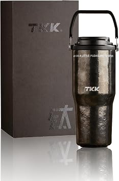 TKK 24oz Pure Titanium Inner Tumbler with Straw Lid, Vacuum Insulated Cup Leakproof Double Walled Travel Mug with Handle, Dishwasher Safe for Hot/Cold Drinks, Titanium Black