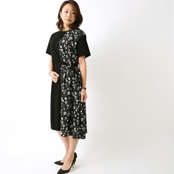 クラネ Clane 2321 Vintage Flower Docking Onepiece フラワープリント切り替えベルテッドワンピース レディース Black カジュアルワンピース 通販