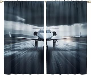 Airplane Airport Cloud Blackout Curtains for Bedroom/Living Room, Modern Runway View Curtains Rod Pocket Thermal Insulated Window Drapes, 52W x 63L, 2 Panels