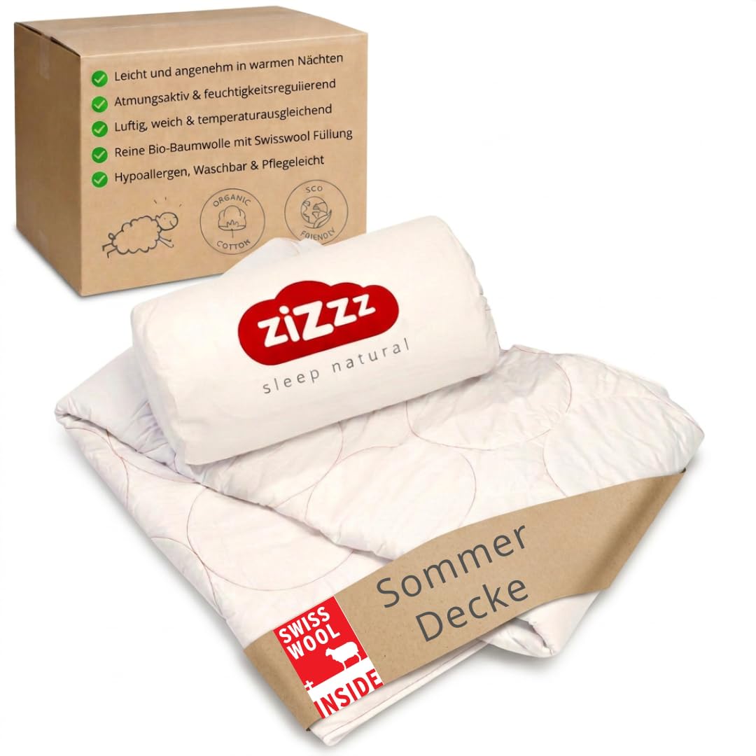 Sommerbettdecke aus Schafwolle 180 g/m² | Leichte Swisswool, Bio-Baumwollbezug, Atmungsaktiv, Temperaturregulierend, Waschbar