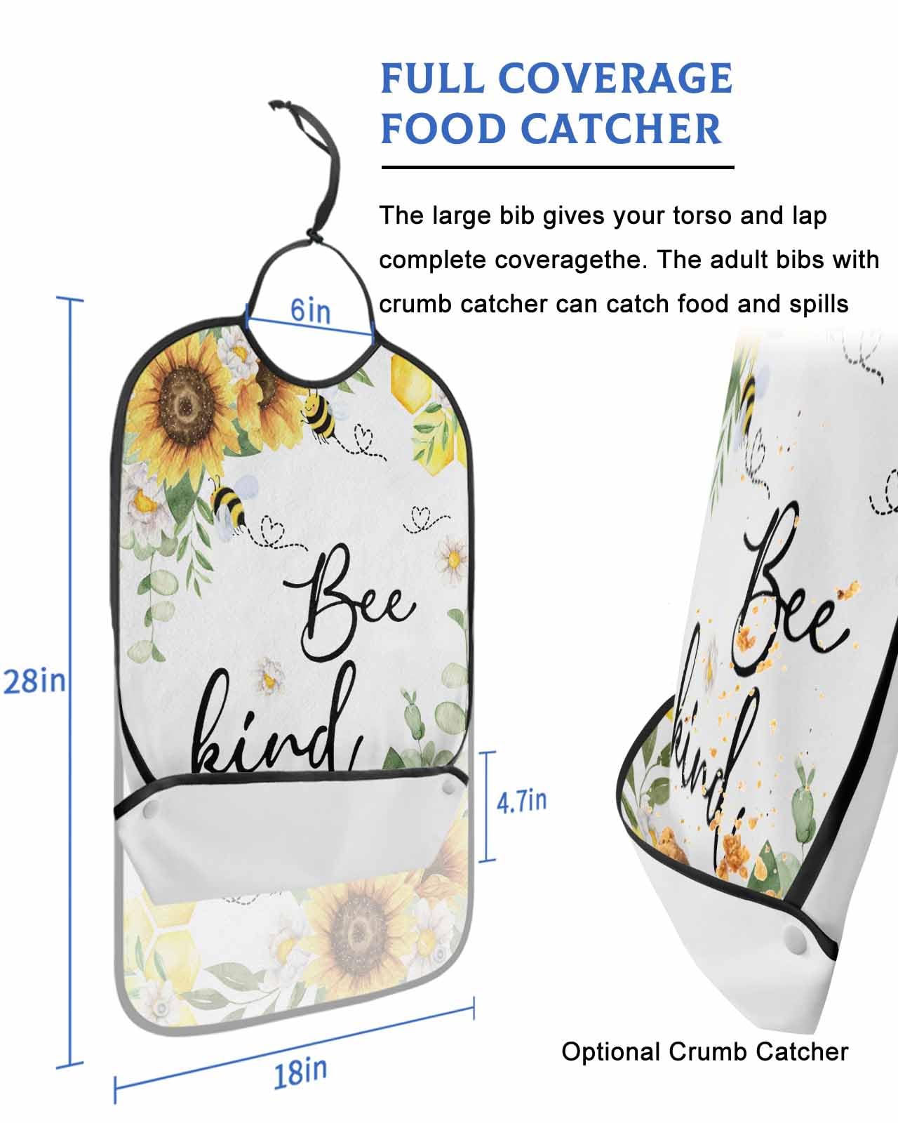 LEOKOTI Sunflower Adult Bibs for Eating, Waterproof Bibs with Food Catcher & Adjustable Snap Closure, Watercolor Spring Floral Summer Botanical Bee Washable Clothing Protectors Adult Bibs for Elderly