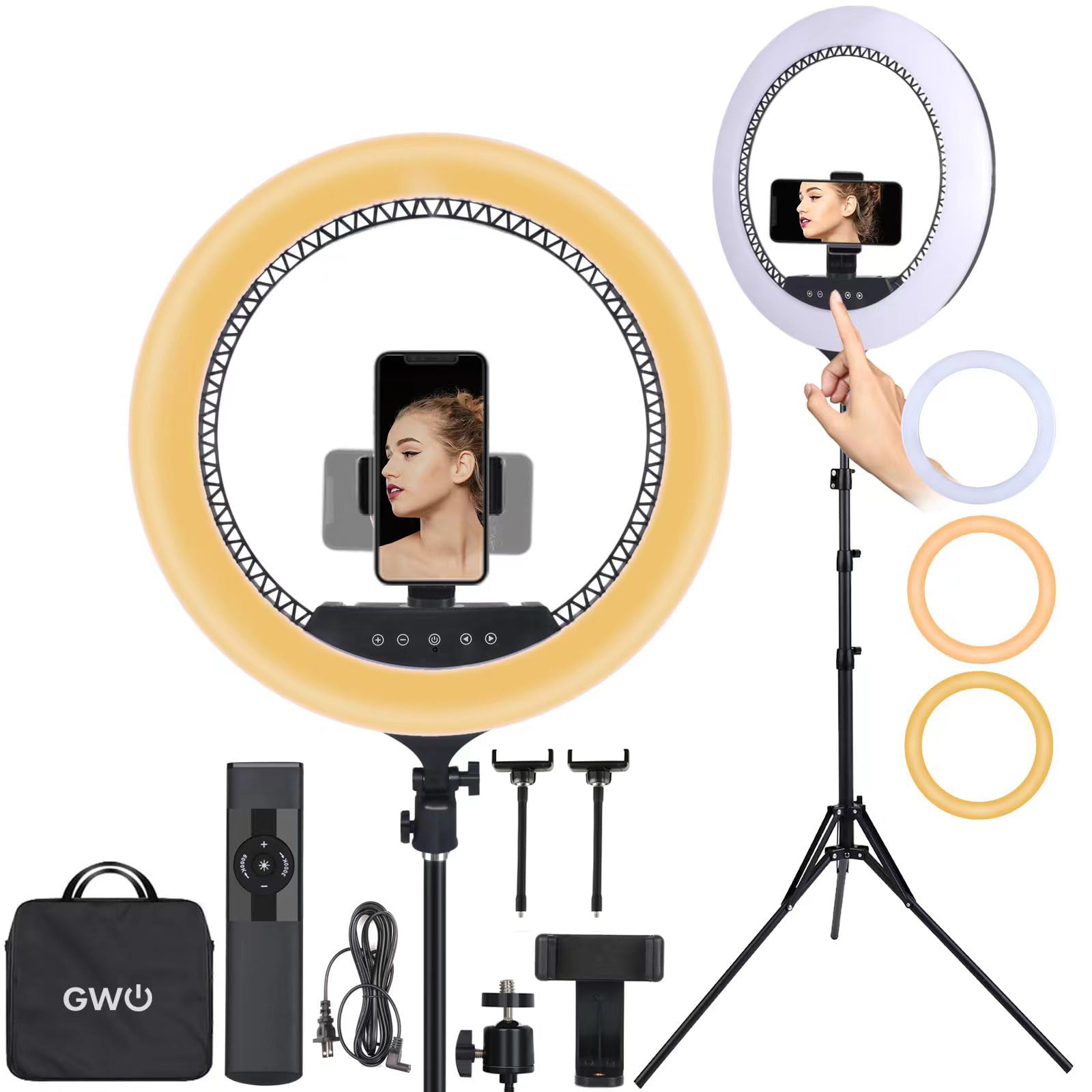 GWO 21 inch LED Ring Light with Tripod Stand 72W 6000K Dimmable Makeup Selfie Light with Touch Panel Phone Holders for YouTube Vlog Video Shooting Include Carrying Bag and Remote Control CRI>90