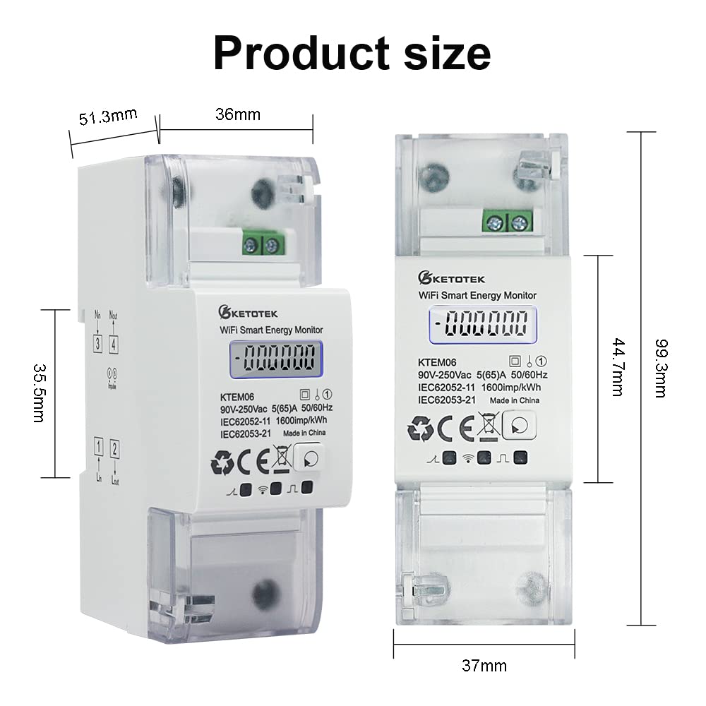 KETOTEK Smart Stromzähler Hutschiene WLAN 1 Phasen Strommessgerät AC 5(65) A 90-250V Digitaler LCD Fernbedienung Din Rail Wechselstromzähler von Smart Life/Tuya App