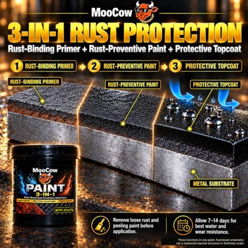 MOOCOW 3-in-1 Rust Converter & Rust-Binding Metal Paint 35 oz, Matte Black - Converts and Locks Down Rust, Primes & Seals, Water-Based Coating for Cars, Trailers, Fences & Tools — 사진 3