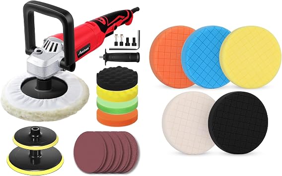 AVID POWER Rotary Car Buffer Polisher,6 Variable Speed 1600-3500 RPM,with 6 Inch Buffing Polishing Pads 5Pcs