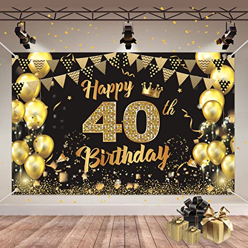 40 Geburtstag Deko Schwarz Gold, Geburtstagsbanner 40, Geburtstagsdeko Frauen und Männer, Banner 40 Geburtstag, Deko 40. Geburtstag Frau, Foto Hintergrund Poster für Geburtstag Party Deko Cover