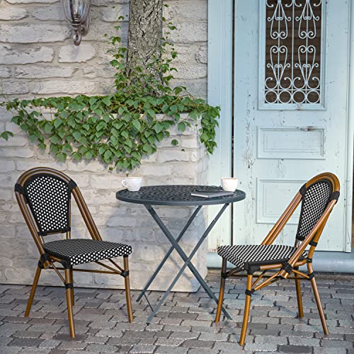 Flash Furniture Bordeaux Set of 2 Indoor/Outdoor Commercial Bistro Stack Chairs - Black/White PE Rattan Back and Seat - Natural Bamboo Print Aluminum Frame by Flash Furniture - Image 5