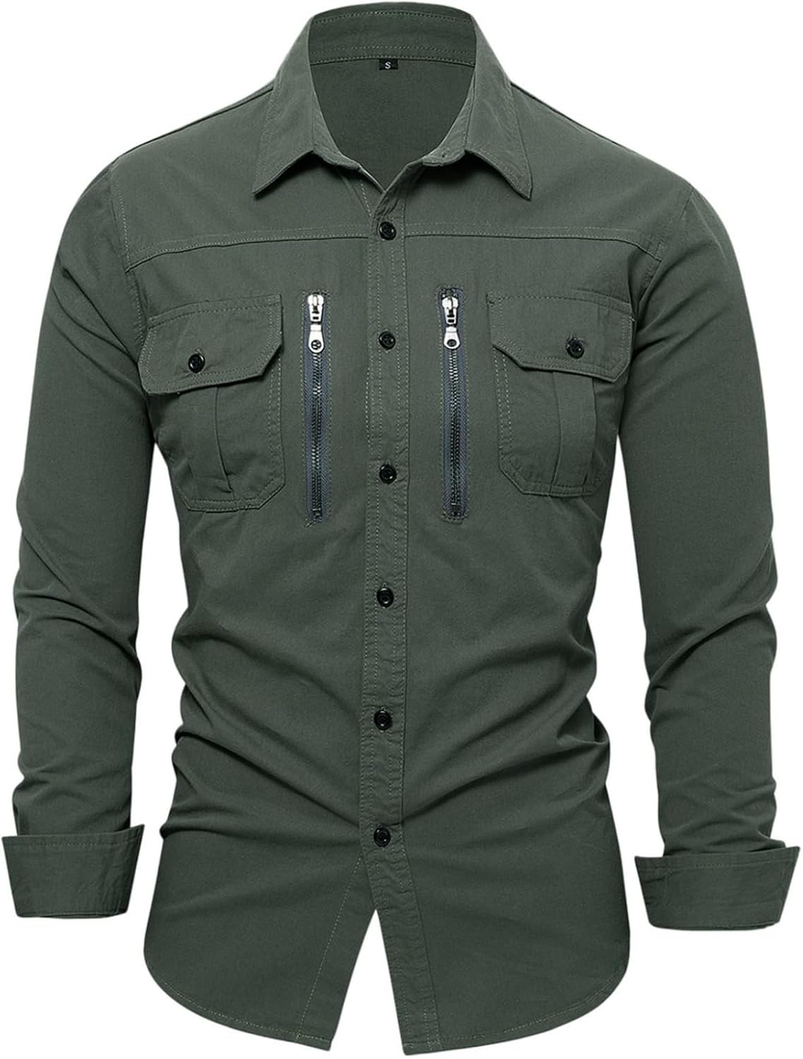 Men's Cotton Solid Long Sleeve Work Shirt Regular Fit Zipper Detail