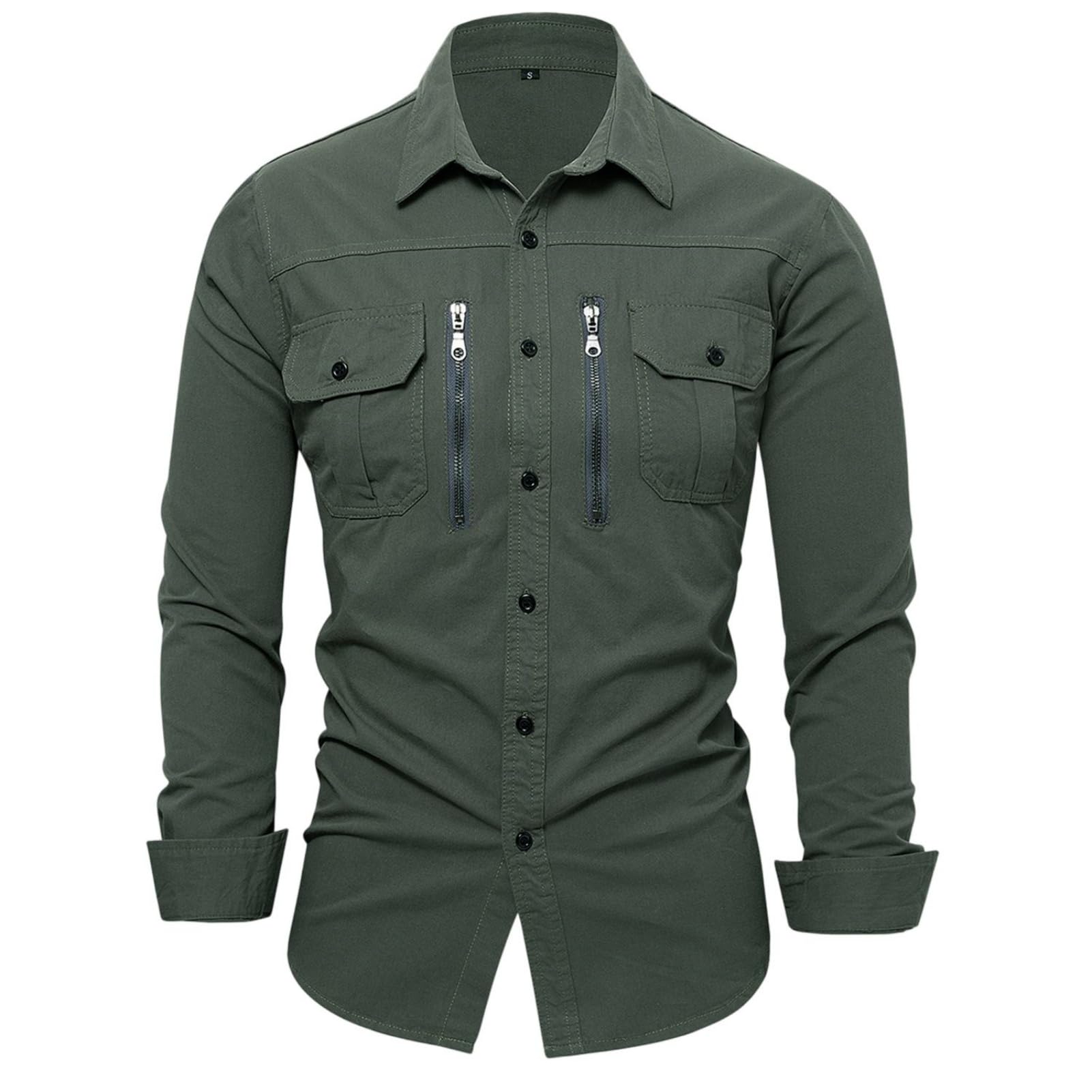 Camicia da lavoro da uomo in cotone a maniche lunghe con tasca con cerniera per l'uso quotidiano