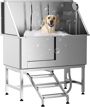 50" Large Stainless Steel Dog Bathing Station, Dog Grooming Bathtub with Faucet, Sprayer, Drain, Left Sliding Door & Retractable Stairs, Professional Dog Bathtub for Home