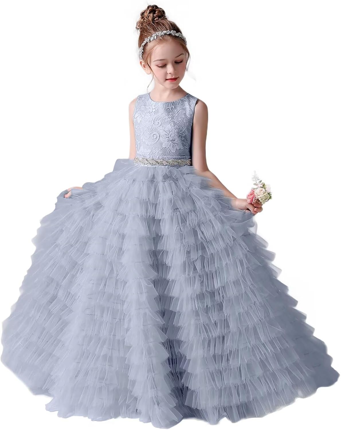 dideyttawl Toddler Girls Full-Length Puffy Flower Girl Dress Lace Tulle Princess Birthday Party Ball Gown 680