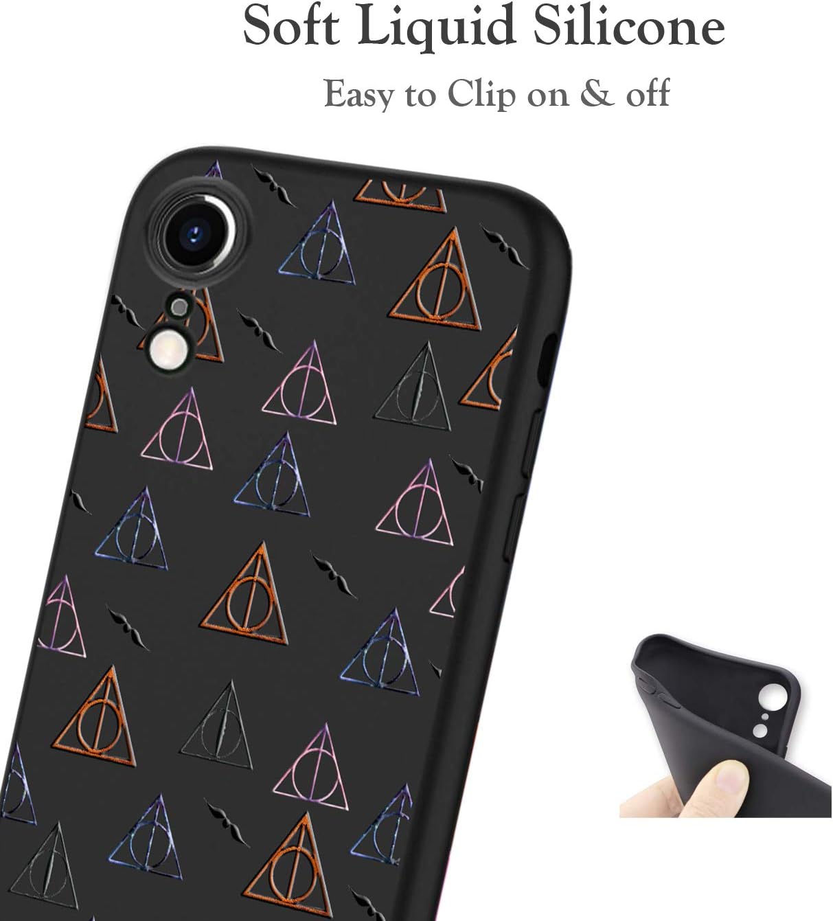 Unov Case Compatible with iPhone XR Casew with Hallows Design Slim Protective Soft Liquid Silicone Bumper Support Wireless Charging 6.1 Inch (Black with Deathly Hallows)
