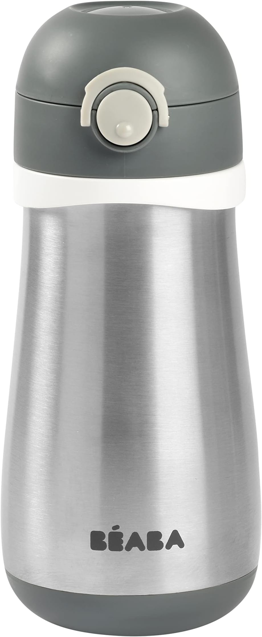 BEABA, 2 in 1 Stainless Steel Bottle, Bottle/Glass Function, Push Button for Easy Opening, Solid, Healthy, Removable Handles, Stainless Steel Cold/Hot, 350ml, Mineral Grey