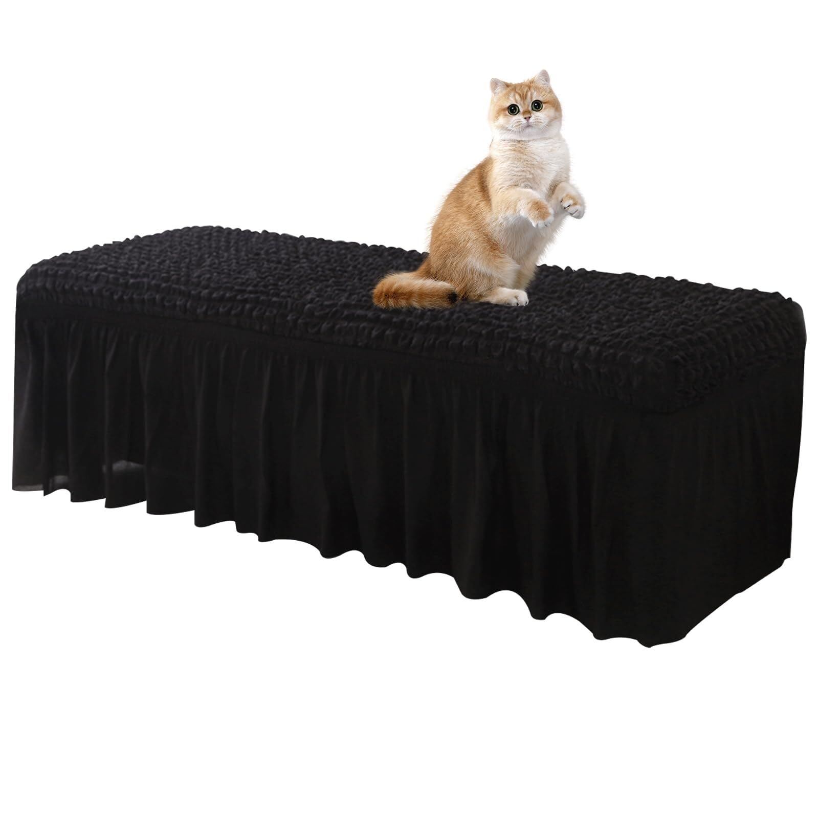Stretchable Seersucker Dining Bench Covers, Padded Rectangular Chair Protectors with Ruffled Long Skirt, Elegant Black Slipcovers for Piano Benches and Dining Room Furniture (Medium)