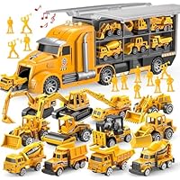 JOYIN 25 in 1 Construction Truck Vehicle Toy Set (Including Transporter Excavator Digger Dumper Tractor) with Sounds and Lights in Carrier Truck, Kids Birthday Gifts for Boys Age 3+