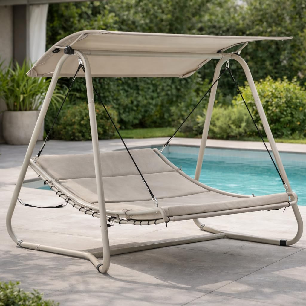 Estosa - Dondolo Da Giardino Modello Regan, Sedia A Dondolo, Poltrona Sospesa Per Arredo Giardino, Struttura In Acciao Con Morbida Imbottitura, Dondolo Da Giardino 2 Posti, 207x142x172H. cm (Tortora)