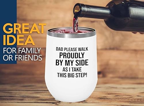 Flairy Land Bride Proposal White Edition Wine Tumbler 12oz - Dad Walk Proudly By My Side - Proposal Gift For Dad Step Dad Grandpa Father Walk Down disponible en Yaxa Colombia