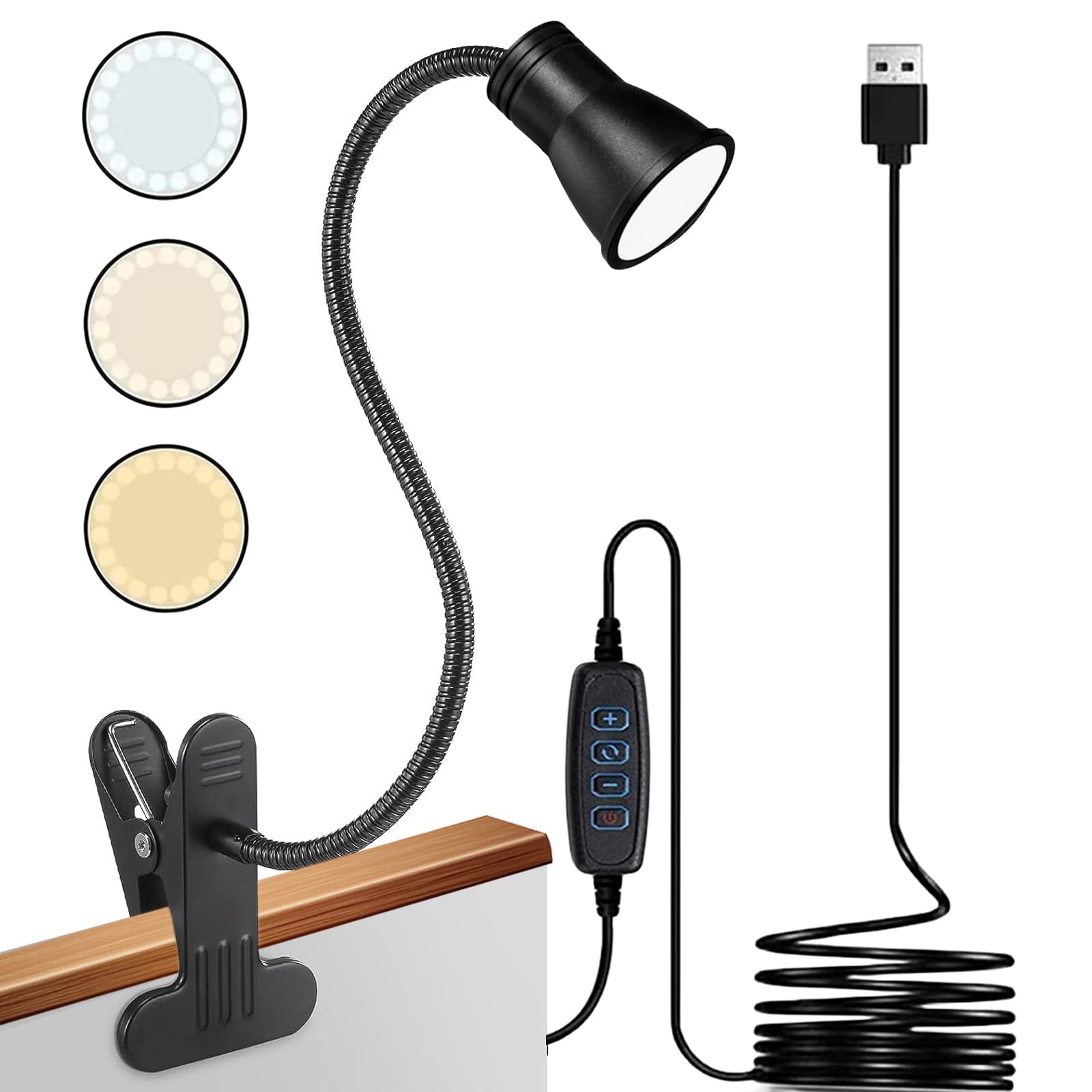 SPORWAY Lámpara de lectura para cama, lámpara LED con pinza regulable, lámpara de escritorio, 3 colores, 10 brillo, lámpara de lectura, protección ocular, lámpara de cama flexible 360°, lámpara de