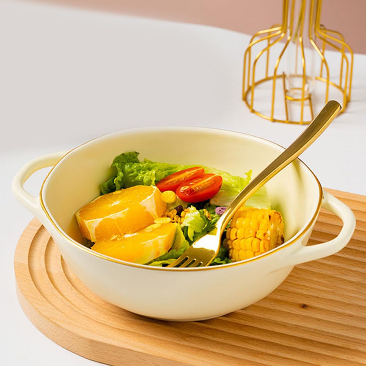 Tazón de Cerámica Beige Doble Asa para Hornear, Resistente al Calor y Apto para Microondas, Capacidad 1200ml, Adecuado para Ensaladas y Sopas