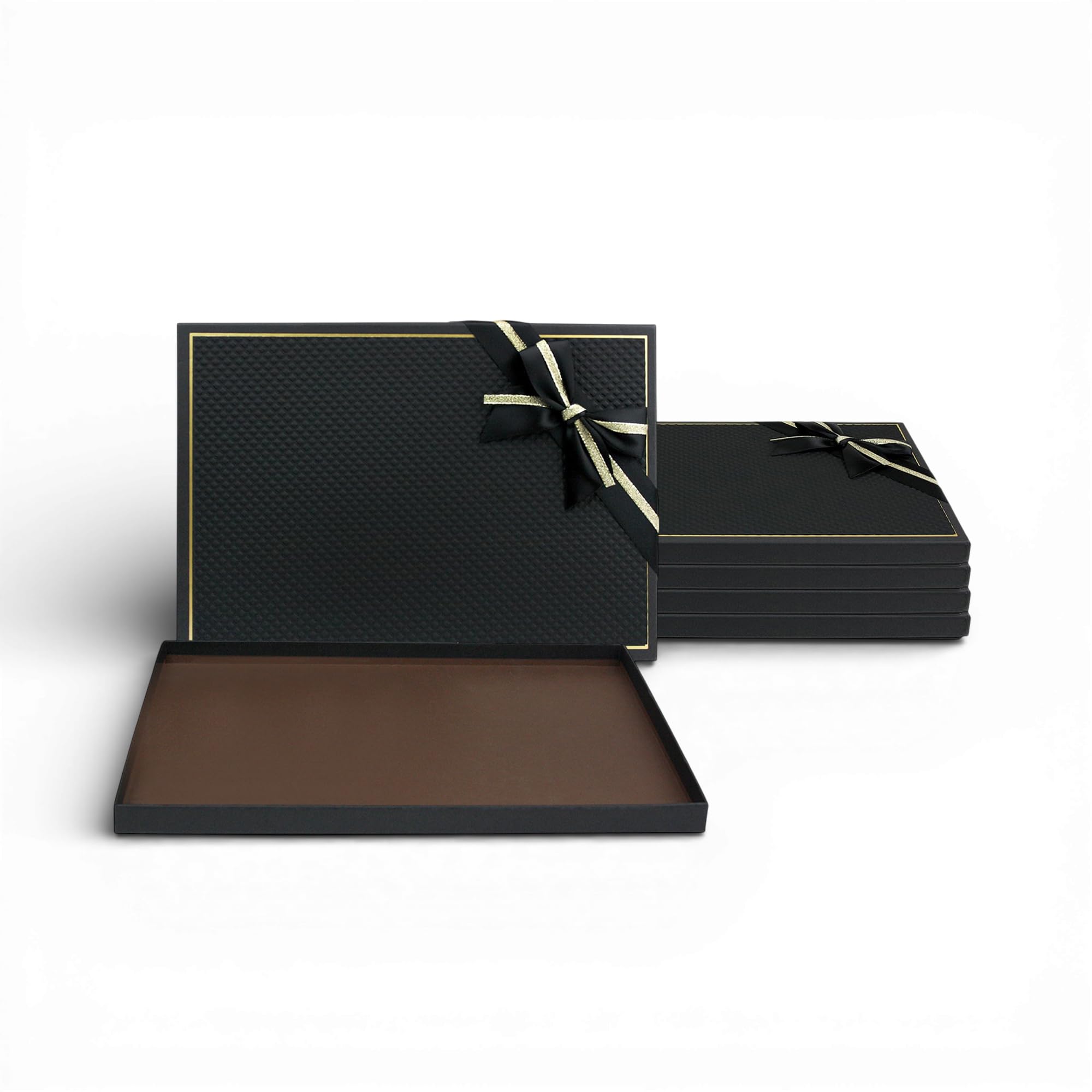 Emartbuy Set of 5 Luxury Black Slim Gift Box with Gold Border & Ribbon – Elegant Rigid Cardboard Packaging for Hampers, Chocolates & Accessories – 35.5 x 24.5 x 2 cm — image 1