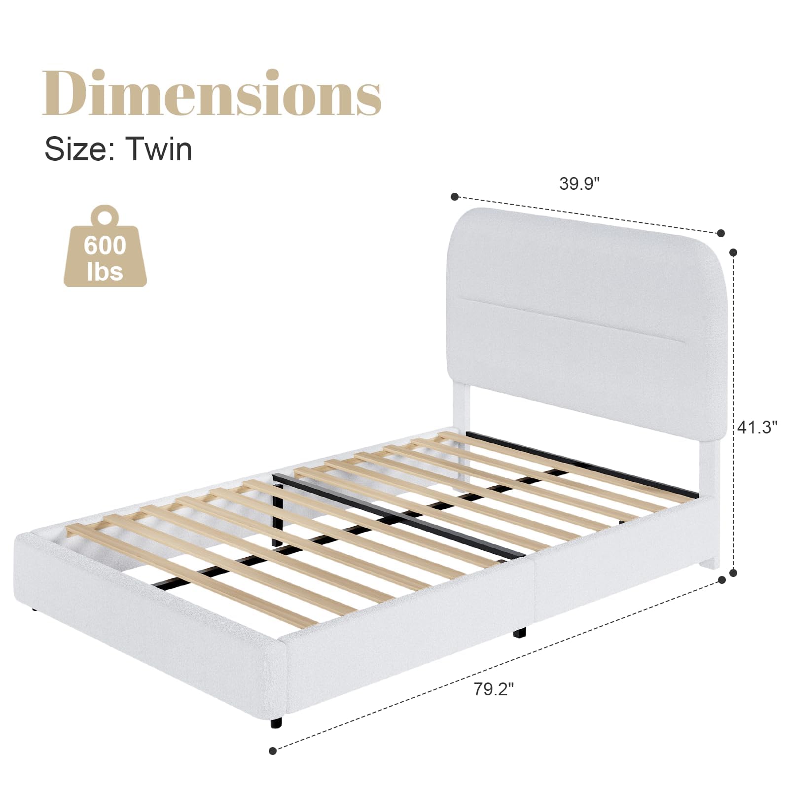 HOMBCK Twin Bed Frames Boucle Upholstered Platform Bed Frame Twin Size with Headboard for Kids/Thickened Footboard/Rounded Corners/No Box Spring Needed/Easy Assembly, White
