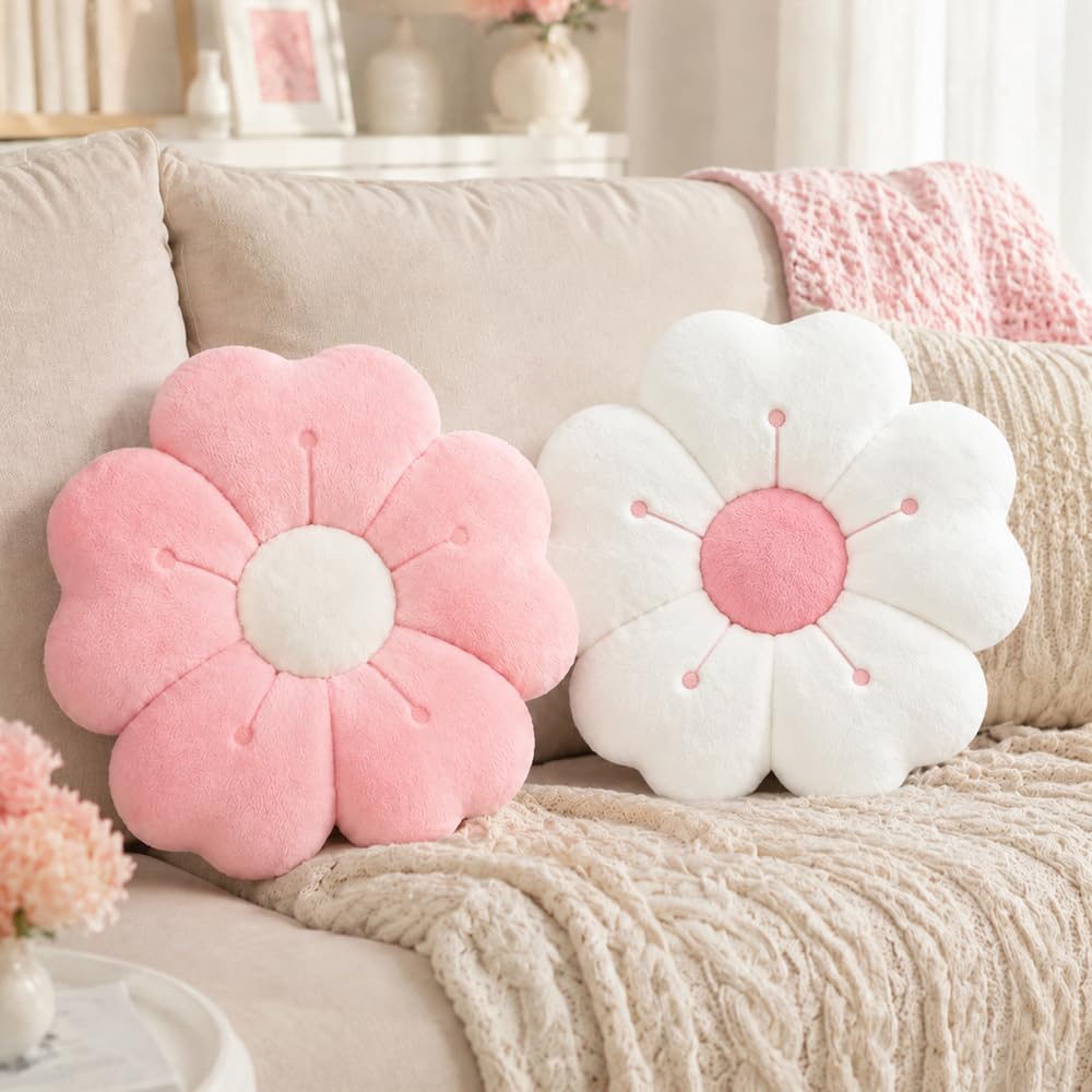 SGZIOO 2 Pack Flower Cushion, 35cm Flower Pillow, Daisy Cushion, Soft and Fluffy Floor Cushion, Cute Pillows Decorative for Bedroom, Sofa, Couch, Car, Pink + White — image 1