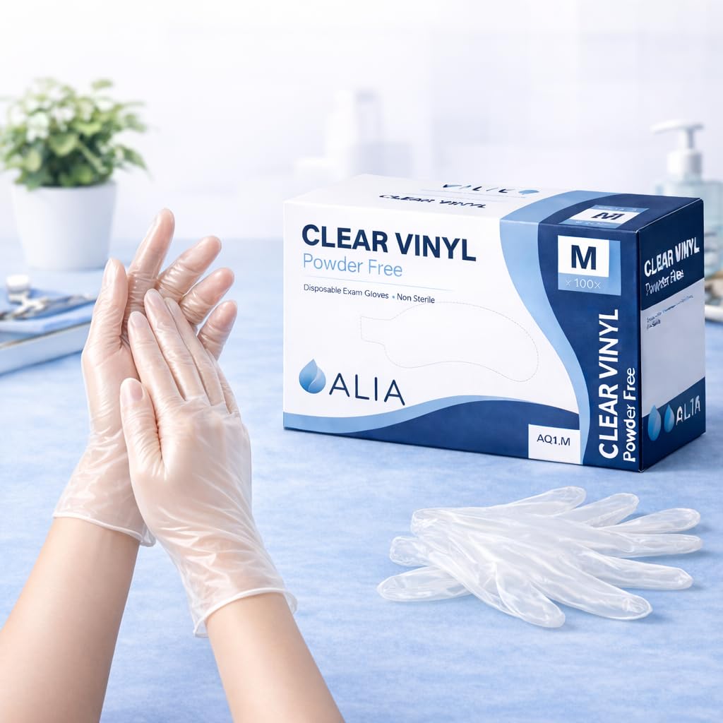 ALIA 100 x Disposable Clear Vinyl Powder Free Gloves Medium | 1 Pack of 100